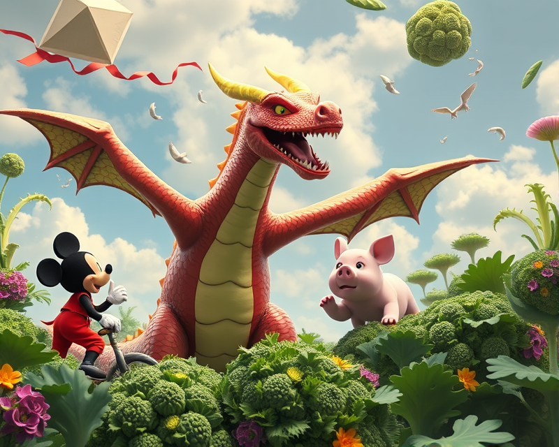 kite, dragon, mickey mouse, pig, broccoli